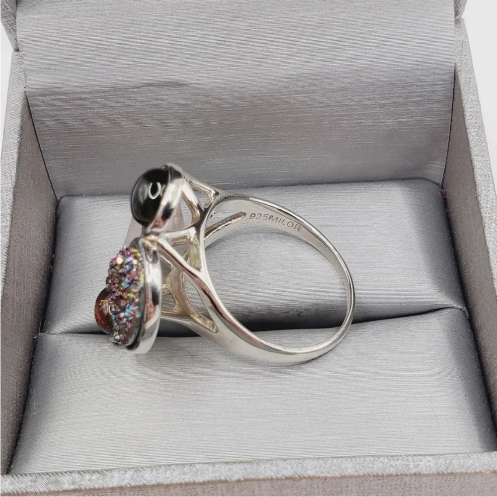 925 Sterling Silver Pink & Green Tourmaline - Pink & Druzy Quartz Statement Ring - Picture 3 of 8